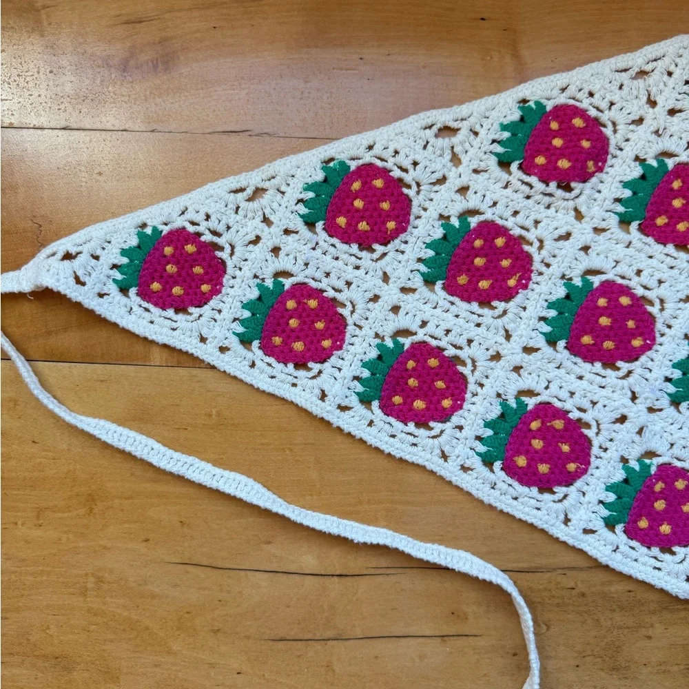 Handmade Cream Crochet Triangle Headscarf with Pink Strawberry Motifs